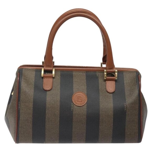 FENDI Pecan Canvas Hand Bag Brown Black gold Auth yk18138 - Picture 2 of 15